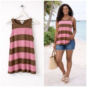 J. Jill NWT Women's Striped A-Line Sleeveless Tank Top Pink/Rye Size Large